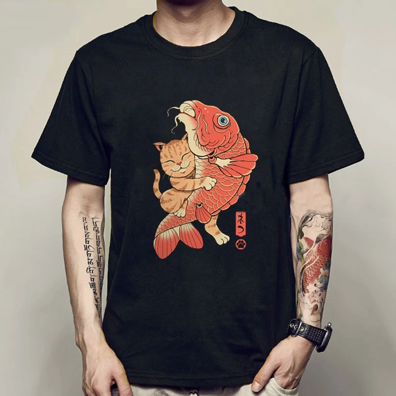 New Fashion Summer Mens T Shirt Casual Short Sleeve Samurai Cat Print Anime Tshirt Men Women Japanese Neko Sushi Wave Tops