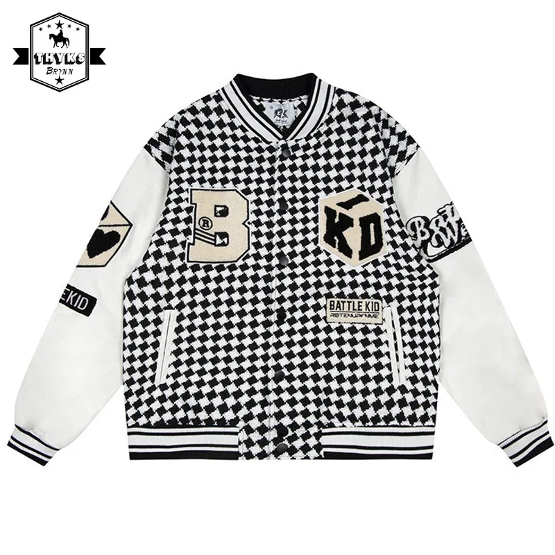 

Vintage Checkered Baseball Jacket for Men Patchwork Letter Embroidery Bomber Jacket Hip Hop Varsity Outwear Unisex Men Clothing