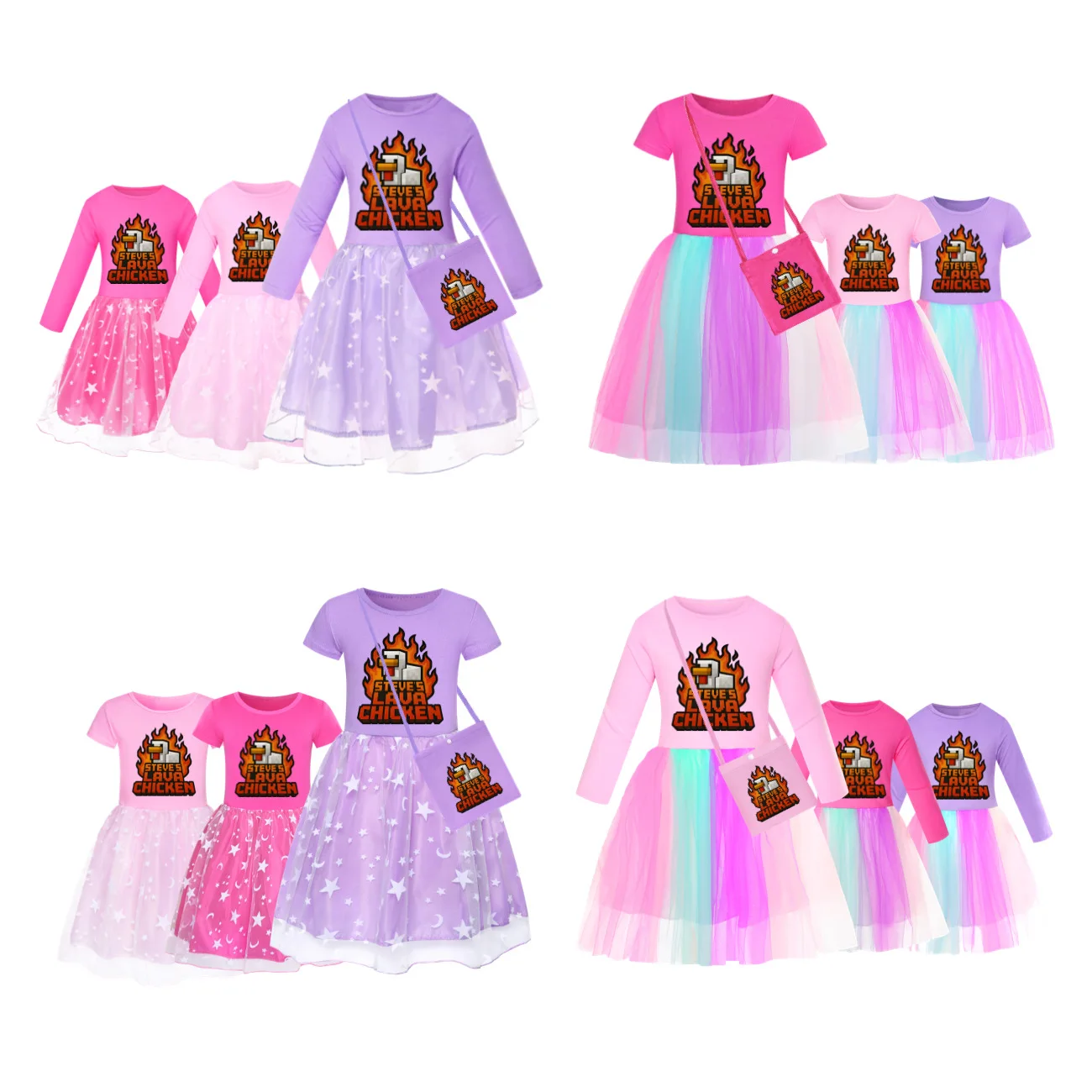 

Dress Kids Steves Lava Chicken Summer Vacation Clothes Baby Girls Short Sleeve Casual Dresses&bag Children Wedding Vestido4461