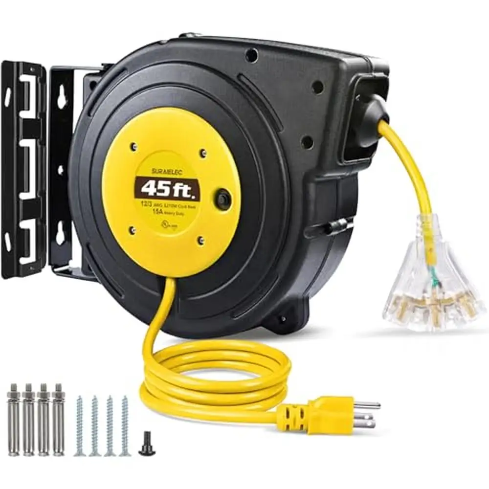 Heavy Duty 45FT Retractable Extension Cord Reel with 12AWG/3C SJTOW Power Cord 15A Breaker Ideal Garage and Workshop Setup