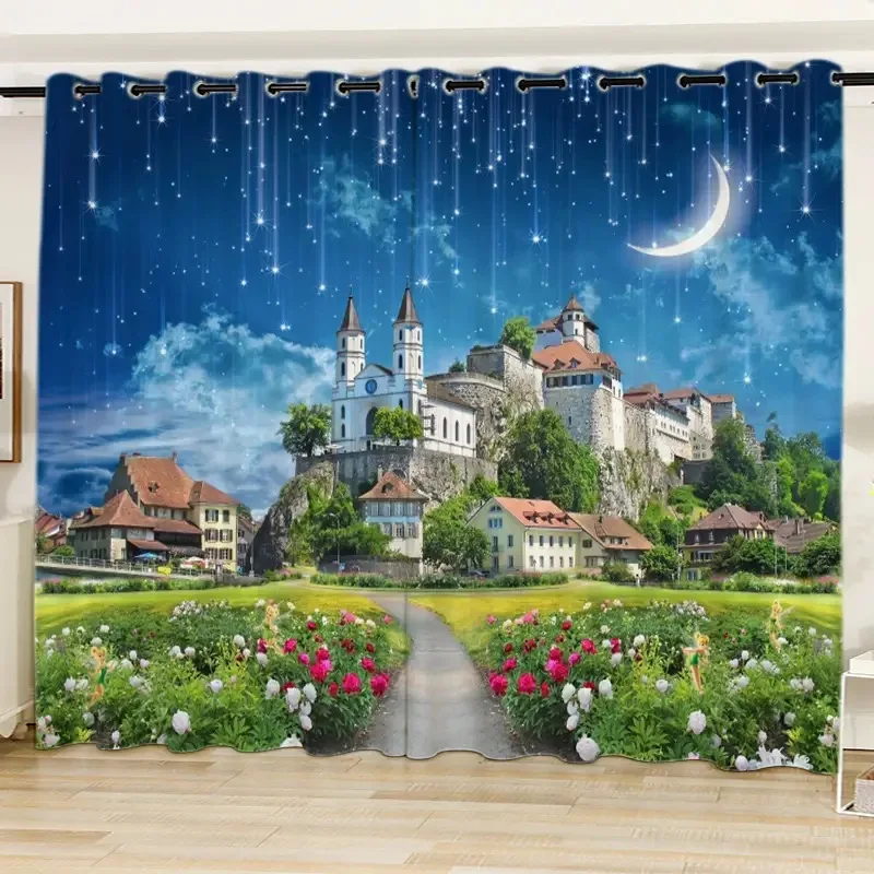 2pcs Natural Scenery Castle Blue Sky Printed Translucent Curtains Decorative Curtains For Living Room Gaming Room Bedroom Home