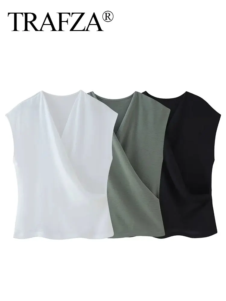 TRAFZA 2024 Women Vintage Solid Tank Tops Casual Loose Sleeveless Shirt V Neck Blouse Y2k Female Summer Fashion Chic Top Vest