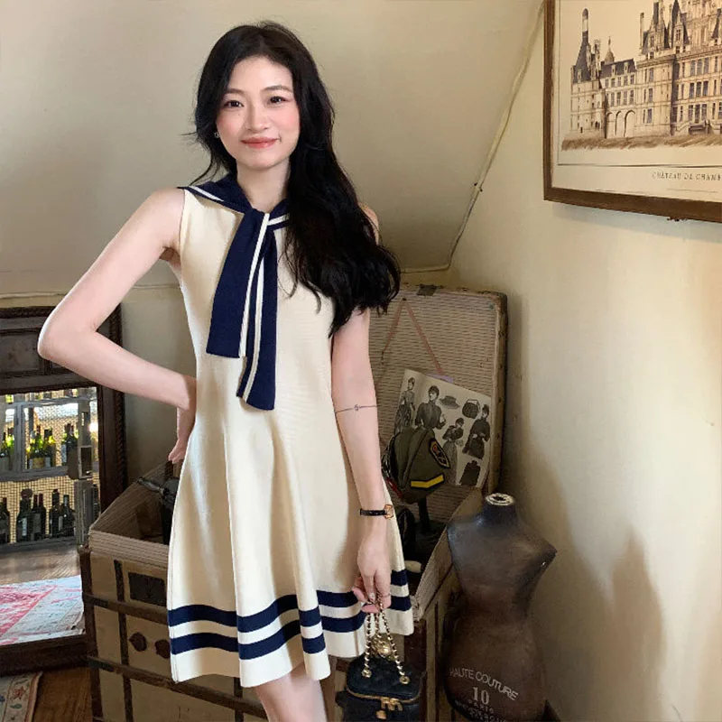 

French Style Temperament Sleeveless Contrast Knitted Dress Summer Women Fashion Lace-up Preppy Style Sweet Dresses