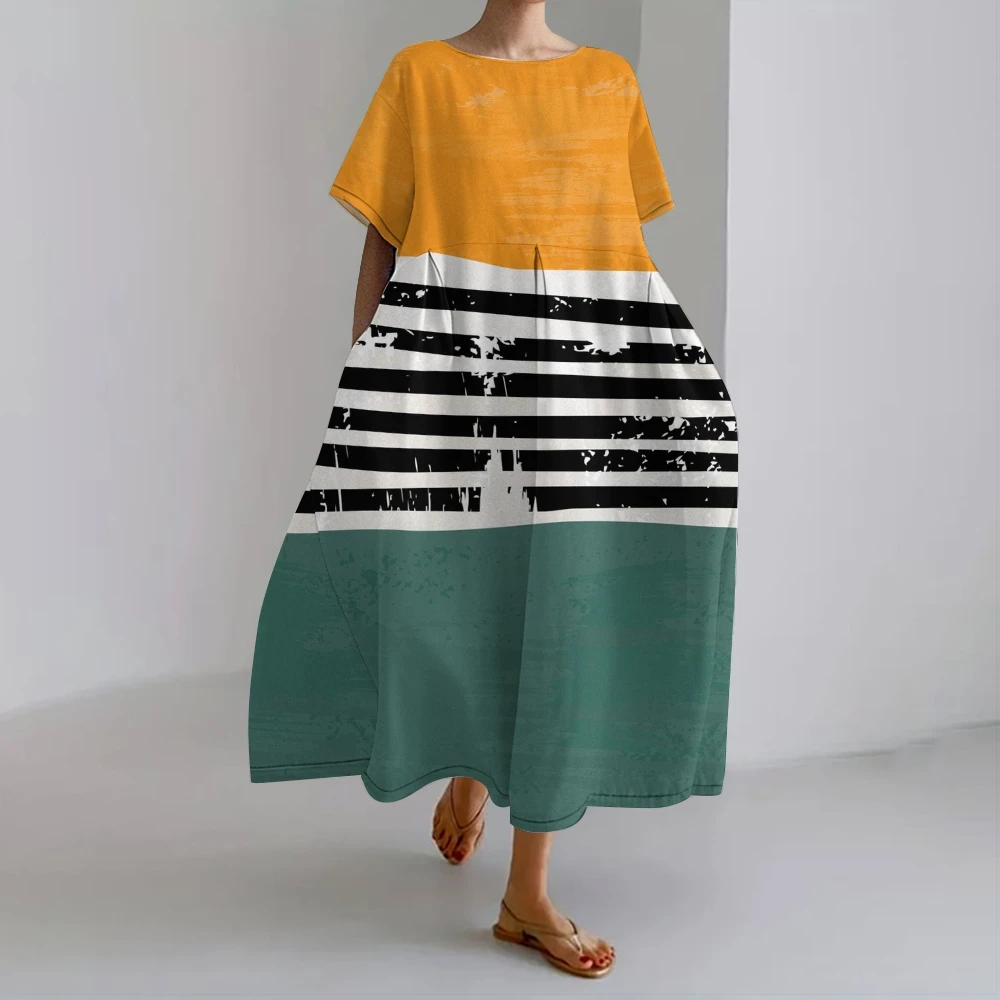 Green&White Striped Elegance Dress Orange & Black Top &Green Striped Skirt Natural Beauty Strips Skirt Women’s Stylish Walk Wear