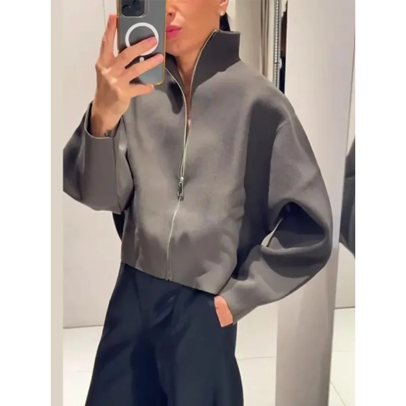 

Повседневная женская вязаная куртка-кардиган с воротником-стойкой, на молнии, свободного кроя, укороченная, для повседневной носки и поездок на работу