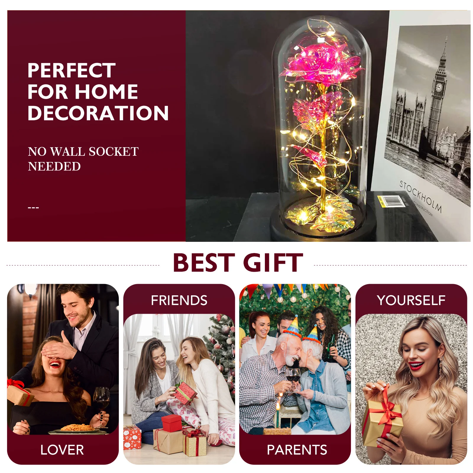 

1Pcs Glow Flower LED Light Glass Dome Romantic Desktop Decoration Valentine's Day Gift Anniversary Night Lamp