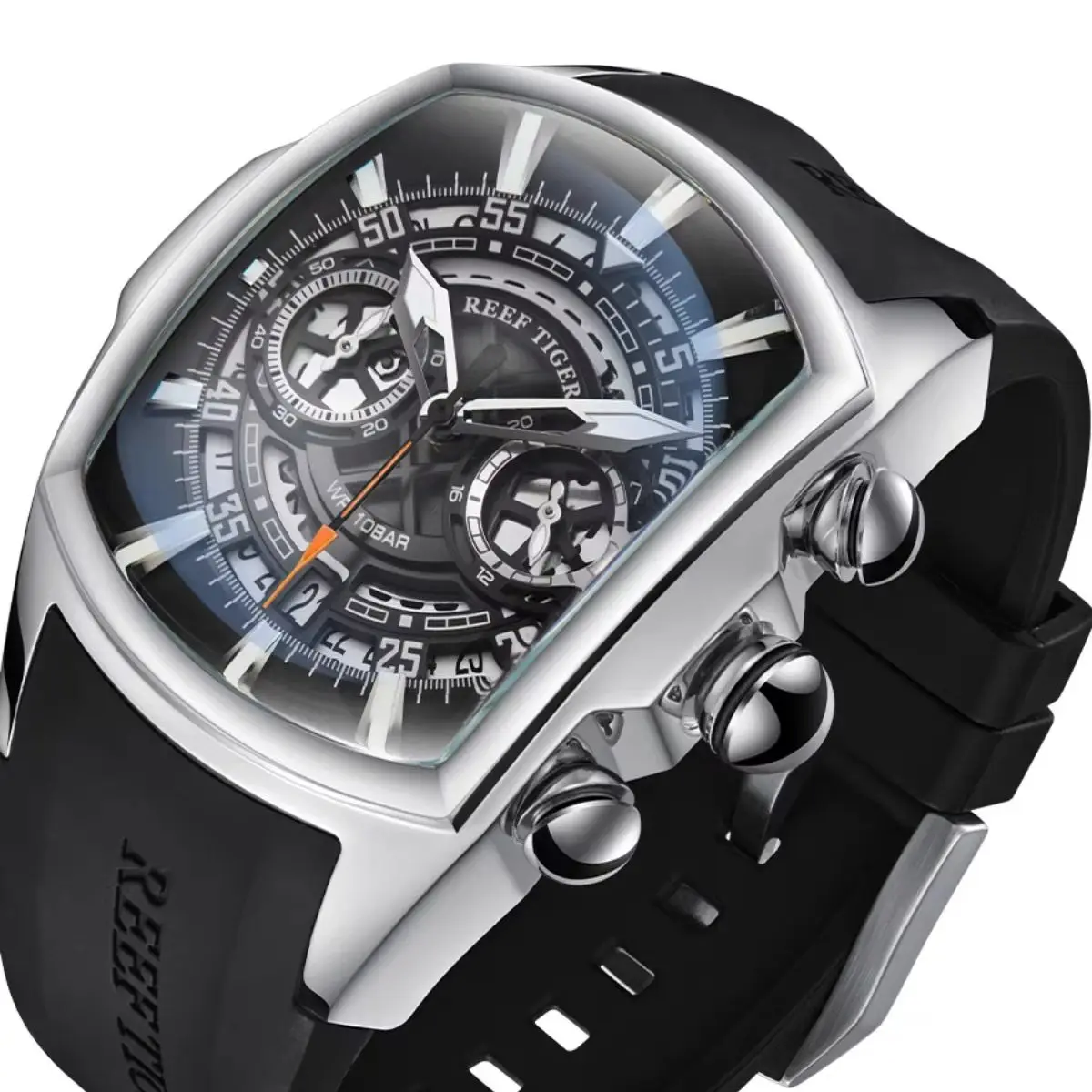 Reef Tiger Men Chronograph Watch Tonneau Quartz Wristwatch Luminous 100M Waterproof Sport Bubble Mirror Rubber Strap