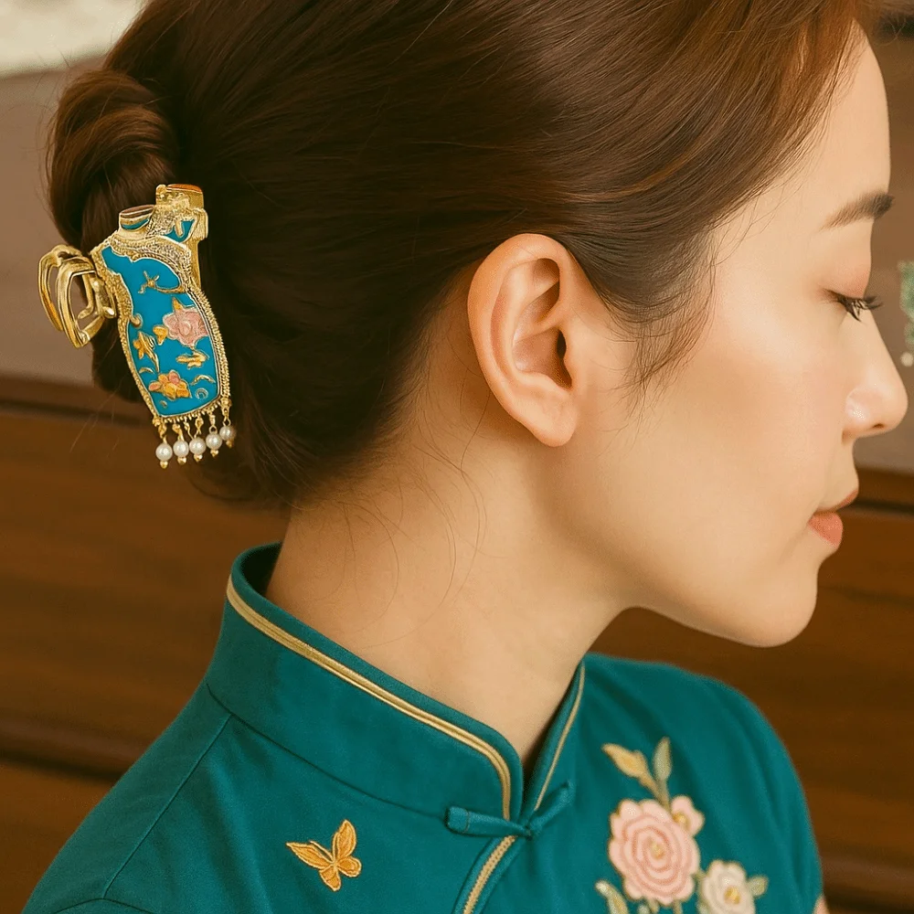 Pinza de Pelo Estilo Chino con Borlas, Diseño Cheongsam, para Cola de Caballo, con Perlas, Pinza Metálica Tipo Tiburón para Niñas