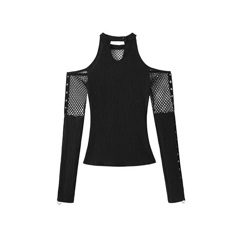 Dark Goth Hollow Out Patchwork Women Shirts Long Sleeve Sexy Off Shoulder T-shirt Spice Girls Slim Heavy Mujer Camisetas
