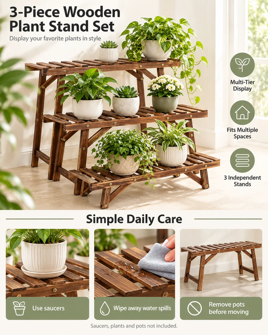 3 Pack Wooden Plant Stands Pine Wood Plant Shelf Set 70cm Wide Freestanding Flower Pot Display for Living Room Balcony