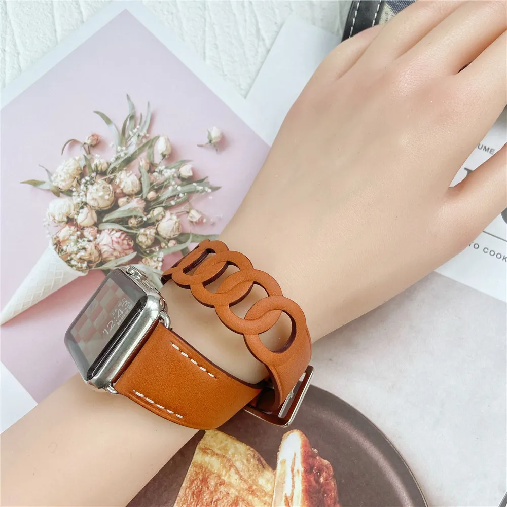 Double Tour Swift Leather Strap For Apple Watch 8 7 6 Band 5 3 Bracelet For iWatch SE Series 8 49mm 41mm 45mm 44/40mm Wristbands