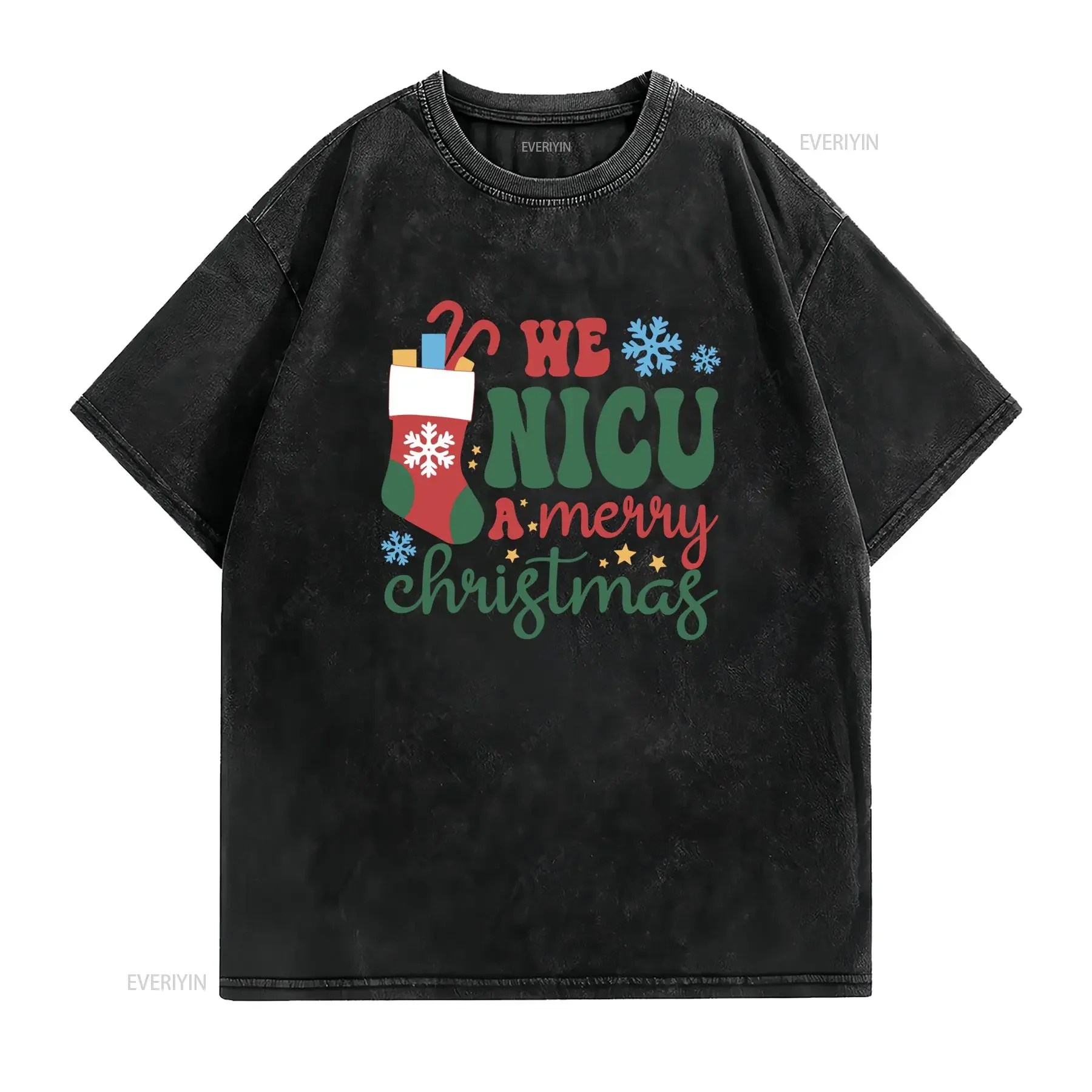 Festive Christmas NICU Stocking Snowflake Print Casual T Shirt vintage Washed graphic Comfortable streetwear Unisex homme