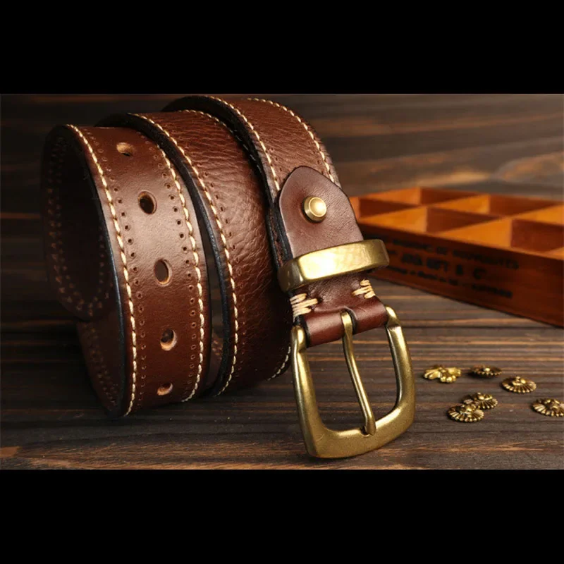Top Grain Cowhide Belt for Men 3.5CM American Style Work Jeans Belt with Sewing Stitching Design