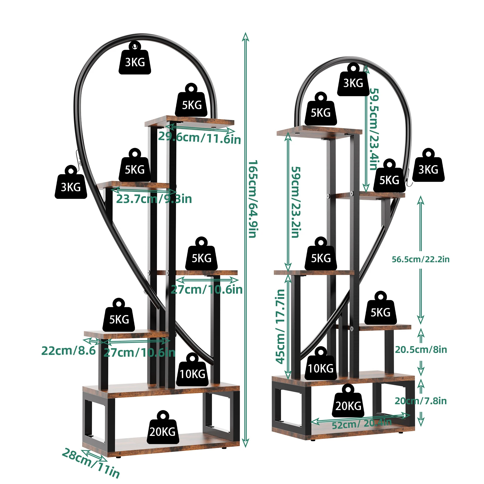 Suporte de planta de metal de 6 camadas, suporte criativo de planta de escada em forma de meio coração para plantas de interior múltiplas, rack de prateleira de planta preta