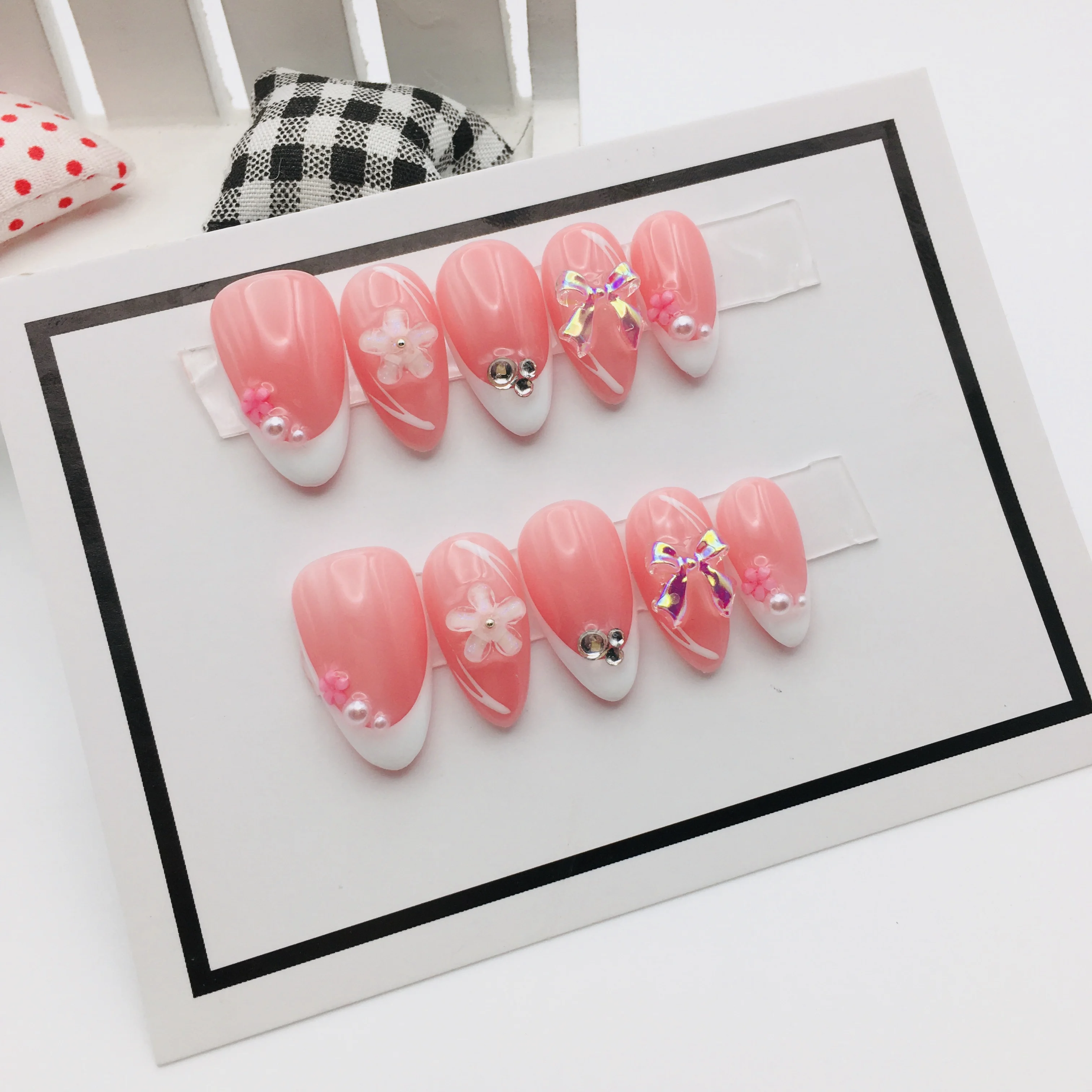 

New Custom Short Medium Coffin Flower Futterfly Style French Tip Acrylic Stick on Nails Design Press on Nails Manicure