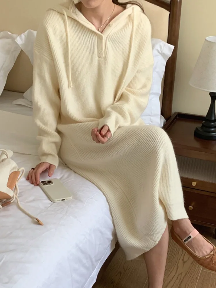 가을 겨울 부드럽고 포근한 후드 니트 여성 루즈 롱 스웨터 한국 스타일 캐주얼 웨어 학교 및 거리용