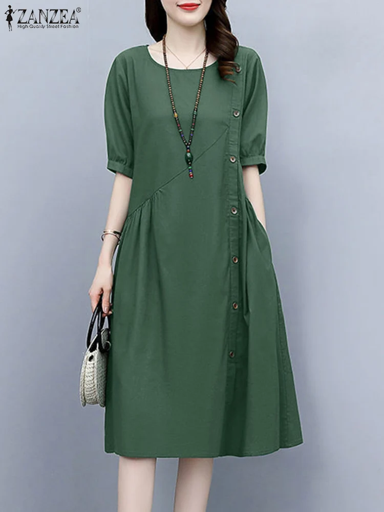 2024 ZANZEA Summer Vintage Short Puff Sleeve Casual Dress Women Elegant Solid Work Knee-length Sundress Loose Robe Femme Vestido