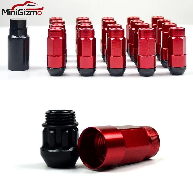 M12x1.5 Extended Tuner Wheel Lug Nut w/53mm Red Aluminum Cap Cover New Product New product 20Pcs per Set Car Accessories