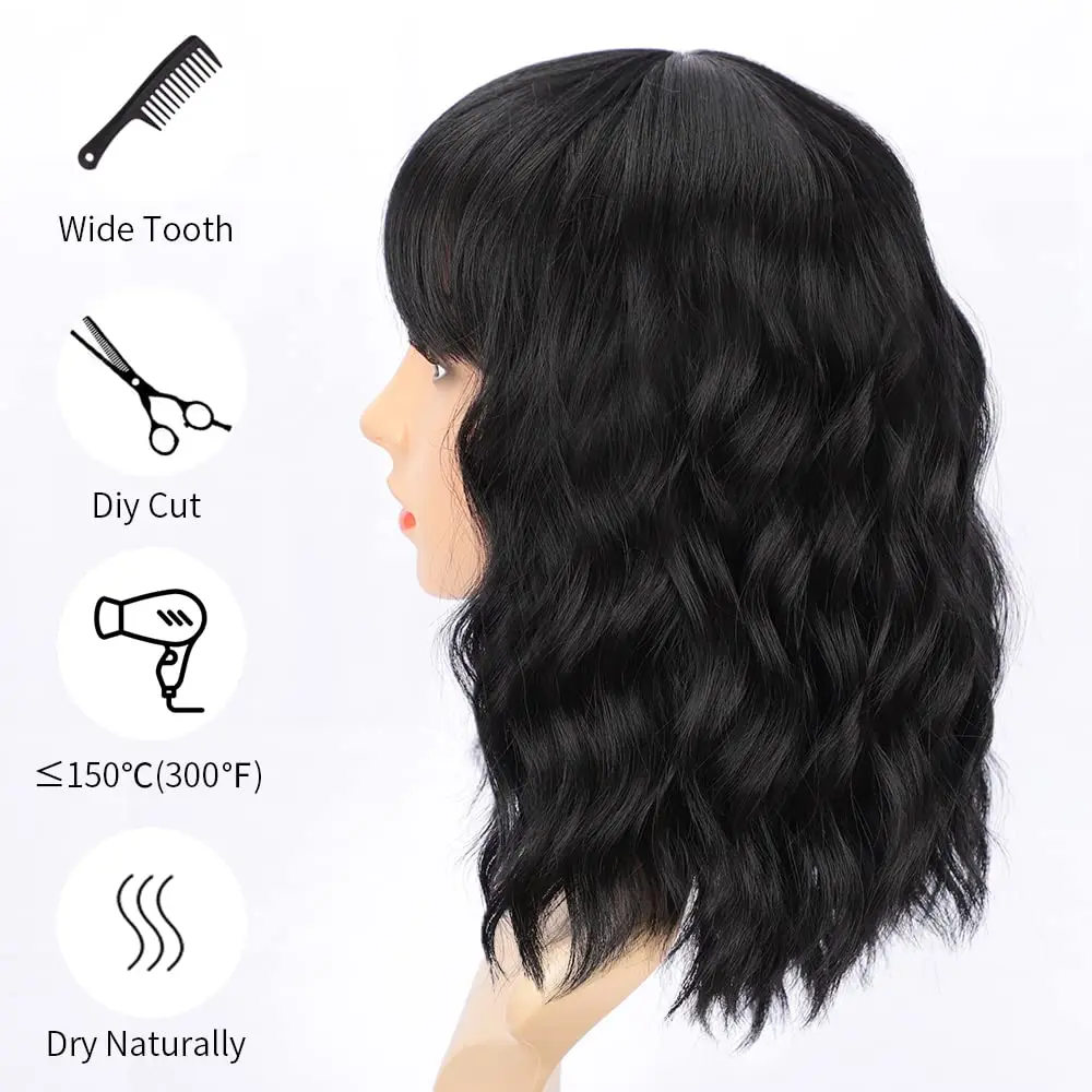 Synthetic Bob Wig with Bangs Short Wavy Black Wigs for Women Bob Style Synthetic Heat Resistant for Daily Use