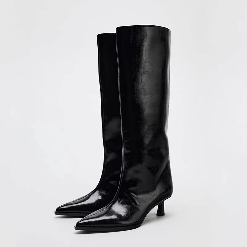 Brand Designer Autumn New Classic Black Sexy Pointed Mid-calf Boots Daily Home Office Shopping One-step High Boots Botas Mujer