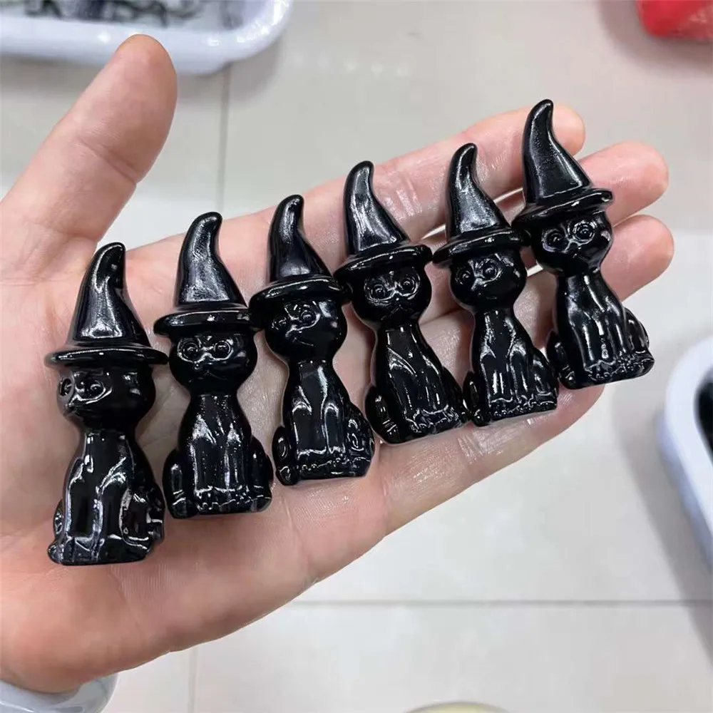 60mm Carving Semi-Precious Stone Crafts Natural Black Obsidian Crystal Wizard Hat Cats For Halloween Gift