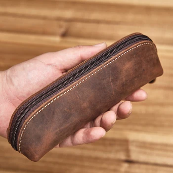 Vintage Leder Bleistift Tasche Einfache Schreibwaren Hoder Stift Fall Lagerung Tasche Zipper Bleistift Beutel Gläser Box Schule Liefert