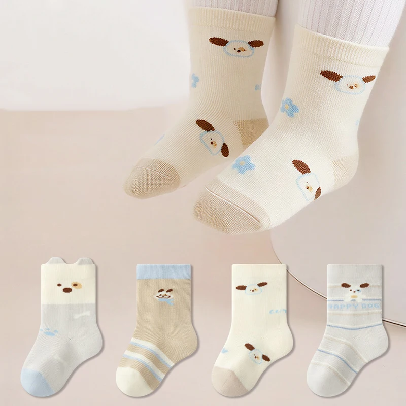 4 Pairs Cute Cartoon Puppy Baby Socks Soft Cotton Elastic Newborn Socks Skin-friendly Socks for Infant Toddler Boys Girls