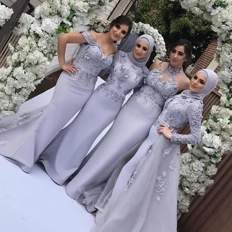 

Dubai Arabic Long Sleeve Muslim Mermaid Bridesmaid Dresses With Detachable Skirt 3D Flower Long Wedding Guest Formal Party Gowns