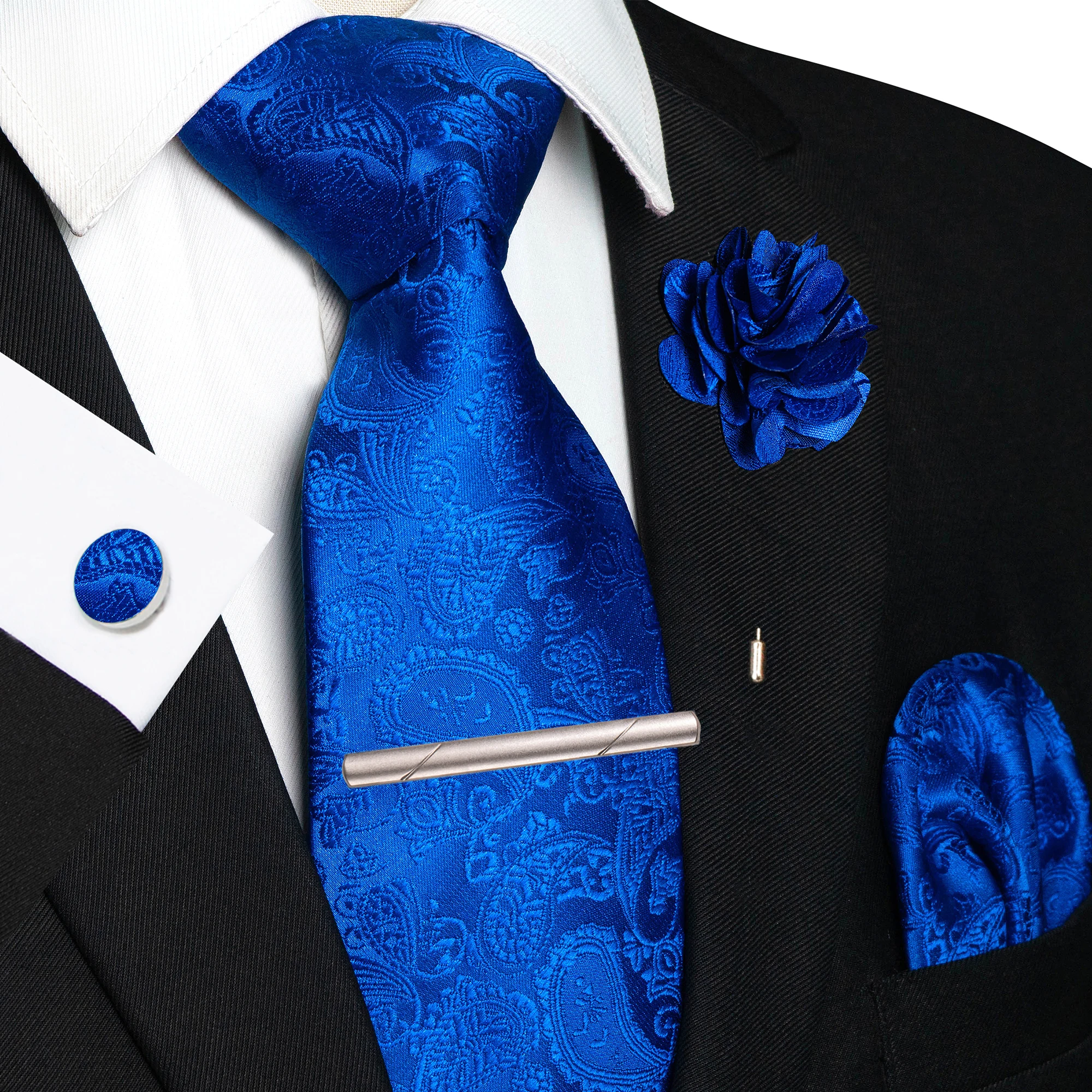 Champagnerfarbene Seidenkrawatte mit Blumen-Paisley-Muster für Herren, Bräutigam, Hochzeit, Herrenkrawatte, Einstecktuch, Manschettenknöpfe, Brosche, Krawattenklammer, Accessoire – Detail 1