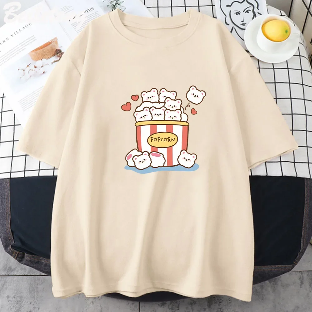 Cute Kawaii Popcorn T-Shirt Woman Cartoon Cute Graphic Tees Summer Unisex Pure Cotton Print Vintage Harajuku Clothes Vintage