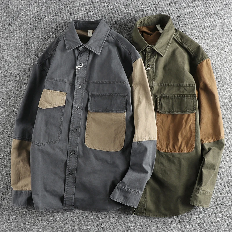 Autumn Men\'s Vintage Color Block Workwear Jacket Casual Loose Shirt