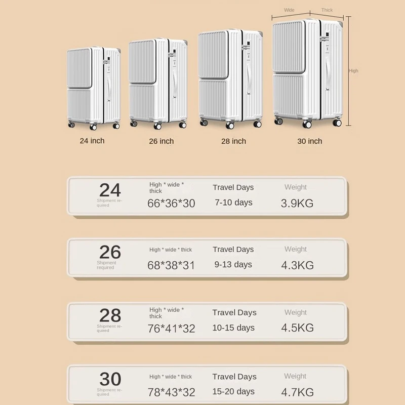 Maletas de PC con apertura frontal para equipaje de gran capacidad 3:7, caja de embarque de 20 pulgadas, cubierta de carrito con ruedas Universal con cremallera de 24/26/28/30 pulgadas