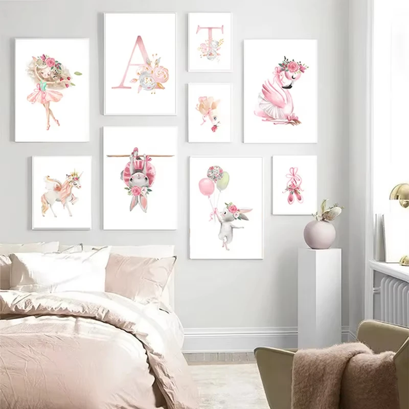 الألوان المائية الوردي فتاة أرنب سوان الحضانة جدارية النفط اللوحة غرفة نوم الأطفال اسم الملصق الأولي صورة ديكور المنزل