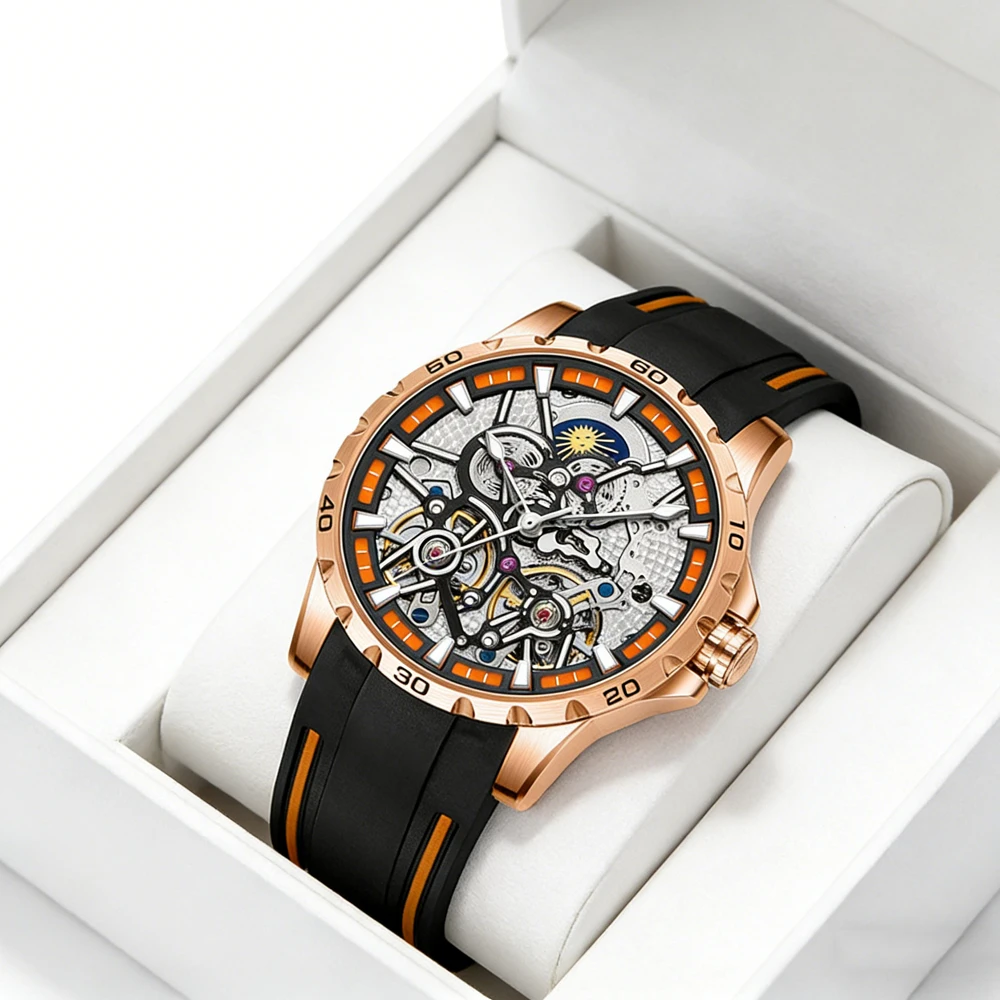 

Мужские спортивные механические часы AILANG Luxury Double Tourbillon с силиконовым ремешком, светящиеся, водонепроницаемые, модные, с полым циферблатом.