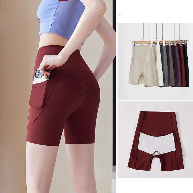 Summer Belly-tightening Buttock Lifting Fitness Yoga Three-quarter Pants for Women Cycling Pocket Sports Shorts for Outer Wear