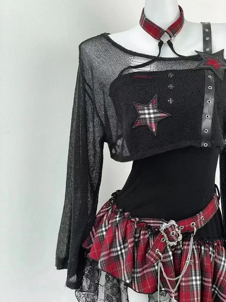 Sommer Amerikanischen Retro Gothic 2-teiliges Set Frauen Y2k Schwarz Dünne Kurze Tops + Y2k Harajuku Design Unregelmäßige Kleid Heiße mädchen Kleidung