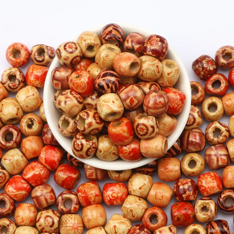 100pcs Printing Wooden Beads Spacer Round Big Hole Wood Beads For Necklace Bracelet Charms Diy Jewelry Making