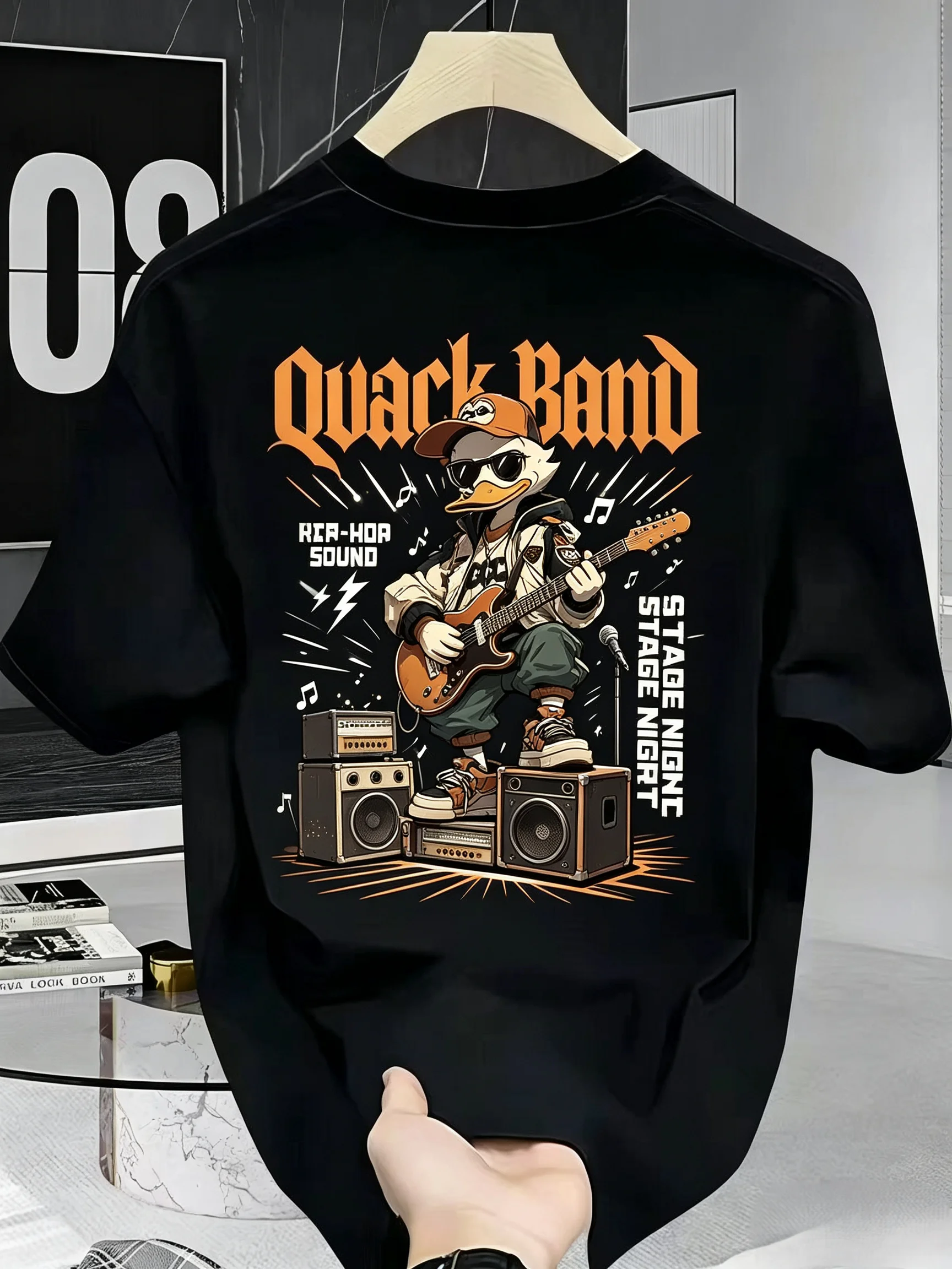 Unisex Quack Band Guitar Rock Duck Back Print T Shirt Men Women Retro Cartoon Duck Short Sleeve Black Streetwear Tee
