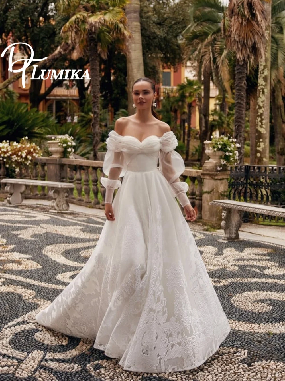 فستان زفاف متجدد الأكتاف وأكمام منتفخة 2026 فستان زفاف أنيق من الدانتيل الشفاف رومانسي على شكل حرف a بطول الأرض رداء D