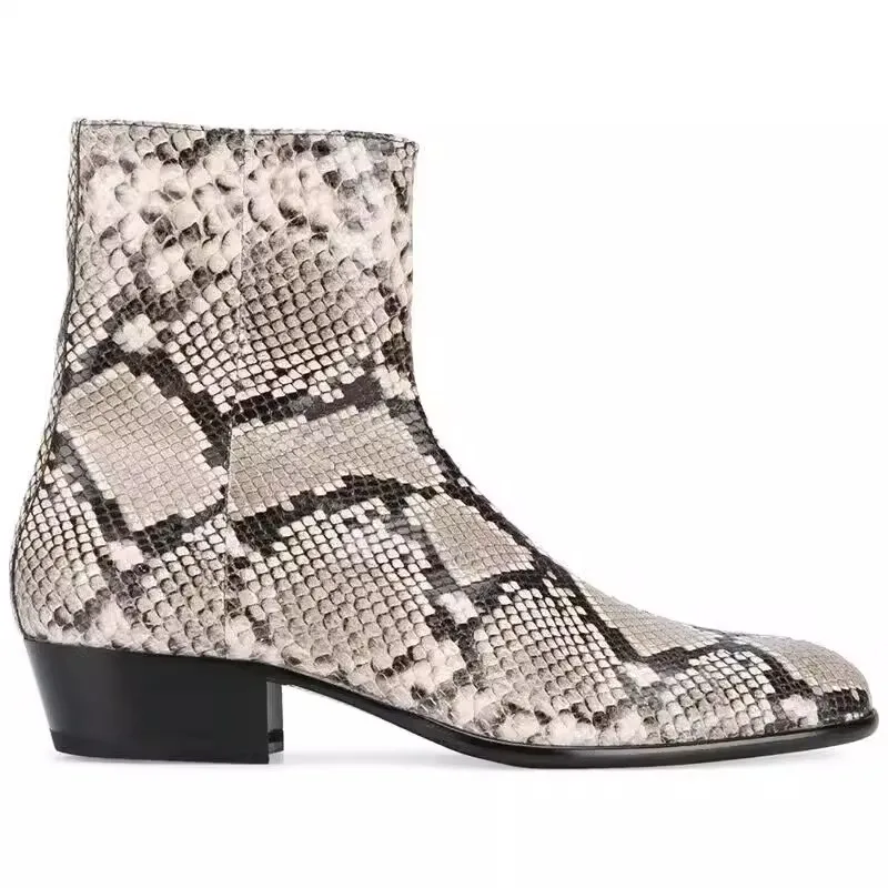 

Grey Python Leather Wood Square Heel Men Ankle Boots Pointed Toe Snakeskin Leather Man Chelsea Boots Zapatos Hombres