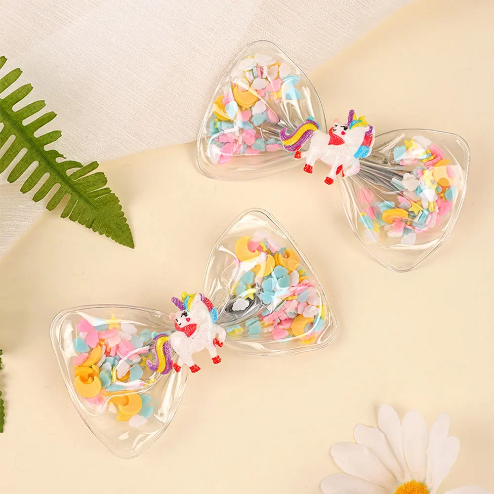 2Pcs Unicorn Bowknot Hair Clips For Kids Transparent Bow Star Moon Hairpin Summer Swimming Pool Party Accessories