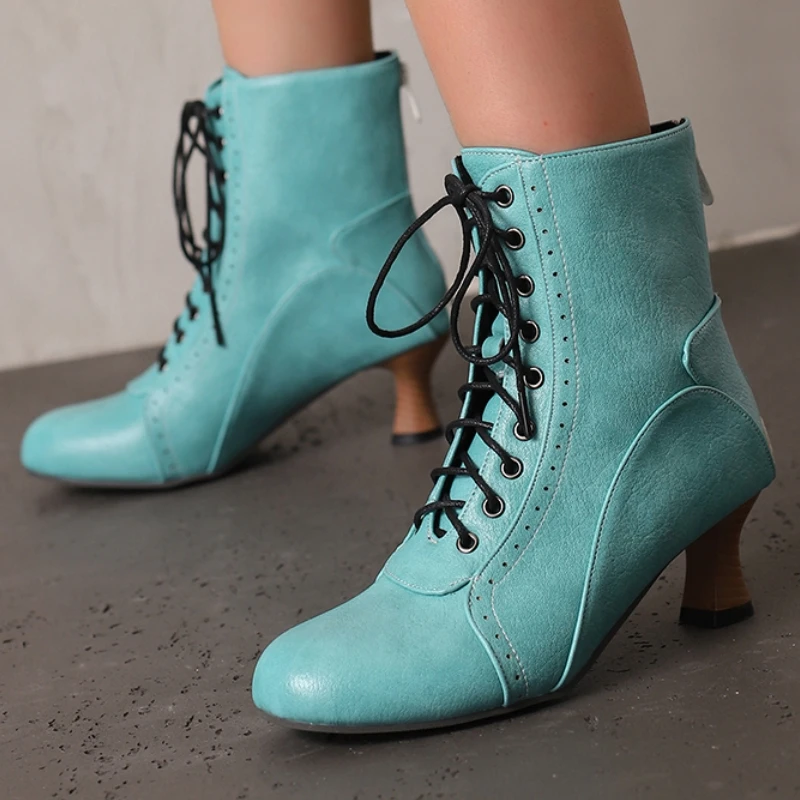 Big Size 50 Pink Short Boot Female Fashion Lace-up Ankle Boots For Women Low Heels Black Blue Brown White Unisex Footwear Shoes