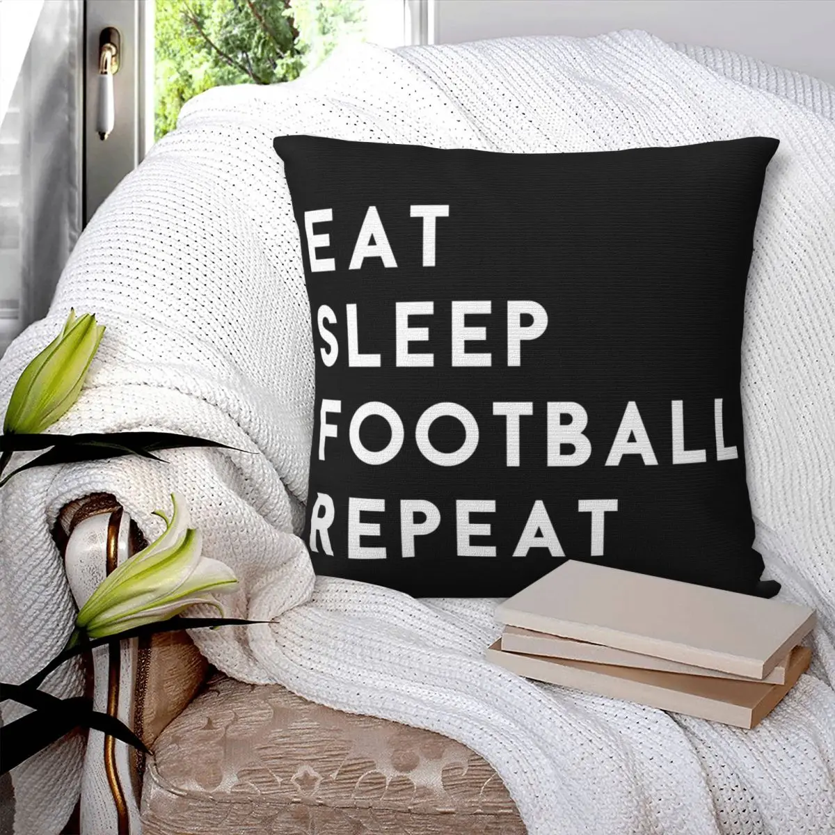 Eat Sleep Football Repeat Square Pillowcase Pillow Cover Polyester Cushion Zip Decorative Comfort Throw Pillow for Home Sofa