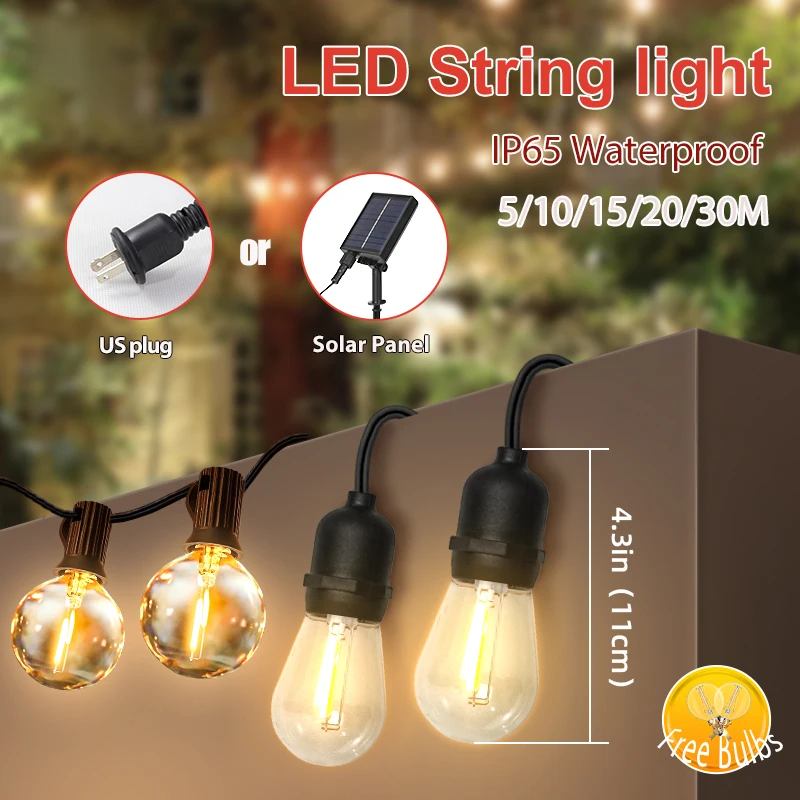 Outdoor String Light Led Bulb E27 E12 Party Camping Lighting Waterproof Christmas Fixture Decor Lamp String 5-30M Garden US Plug