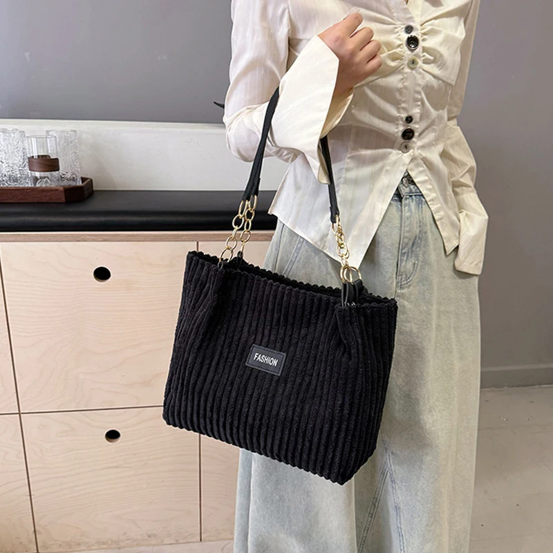 Fashion Corduroy Tote Bag Solid Color Shoulder Bag Women's Casual Handbag For Commute Work Shopper Totes image 5