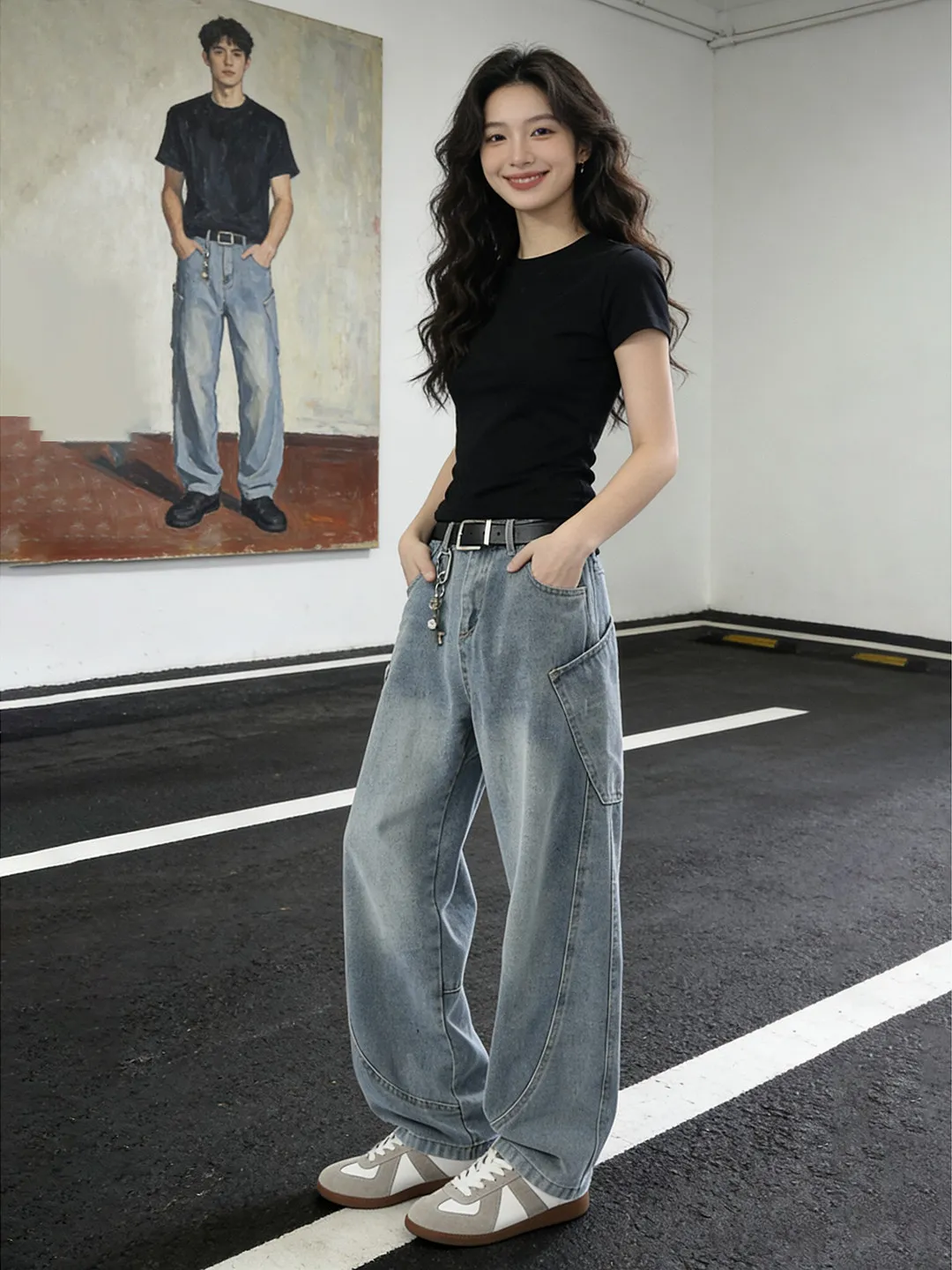 

American High Street Style Wide Leg Loose Jeans Men's Trousers Cleanfit Splicing Workwear Trendy Brand Straight Tube Pants
