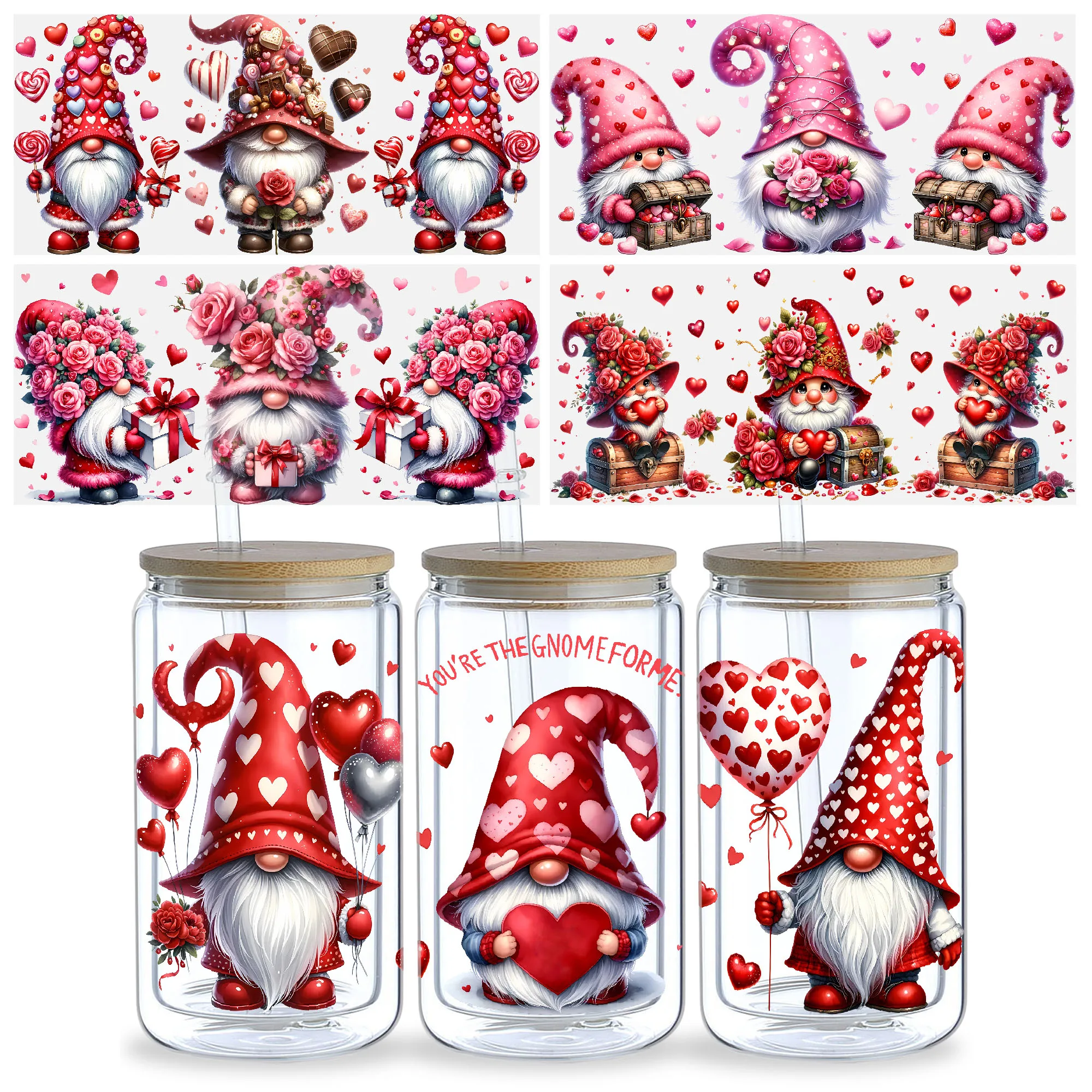 5 Sheets Gnome UV DTF Cup Stickers, Glass Cup DTF Transfer Stickers, Waterproof Wipeable Transfer Paper for 16 Ounces Glass Cups