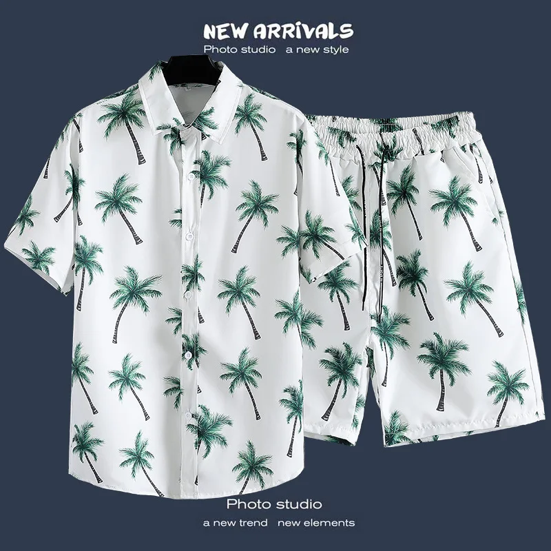 43/5000 2024 New vintage men\'s Shirt set Summer Beach Short sleeve shirt Shorts Casual Travel Men\'s Hawaii 2-piece suit M-5XL