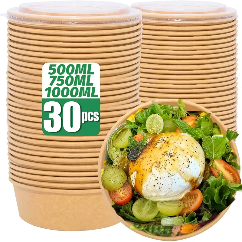 Grande boîte à déjeuner en papier Kraft, bols jetables pour soupe, salade, nouilles, crème glacée, boîtes d'emballage avec couvercle, conteneurs alimentaires, vente en gros