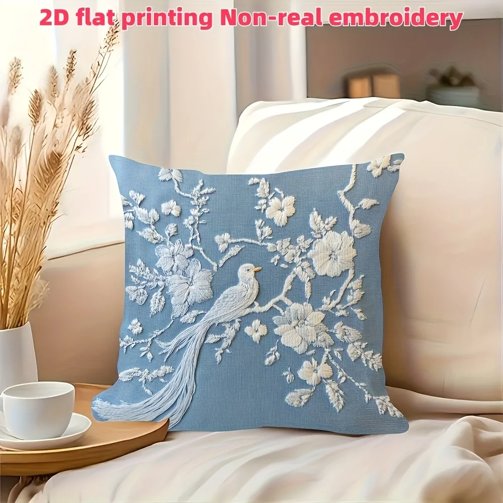Elegant Bird Flower Pillow Cover Faux Embroidery Print Vintage Chinoiserie Cushion Case for Sofa Bed Couch Home Decor
